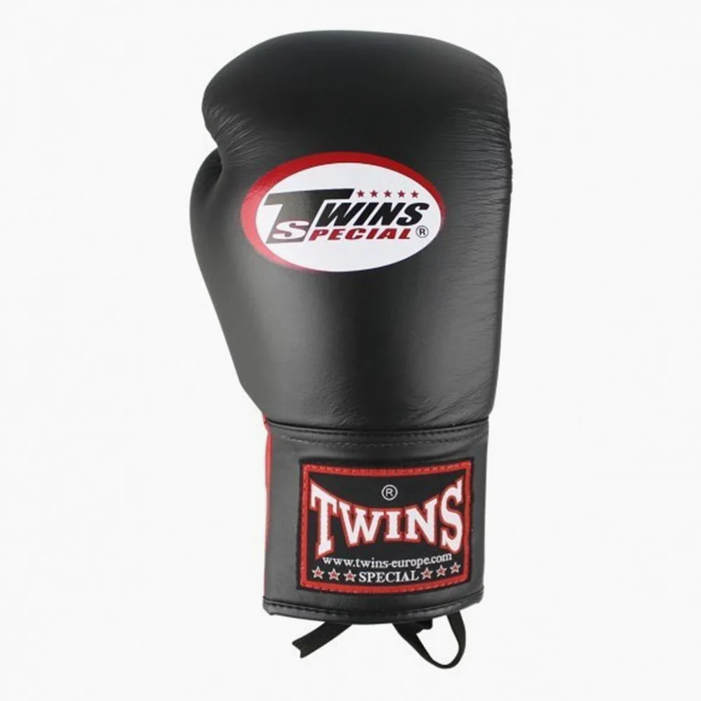 Thai boxing gloves Twins Special BGLL-1 Black-Red with laces  - Image 3
